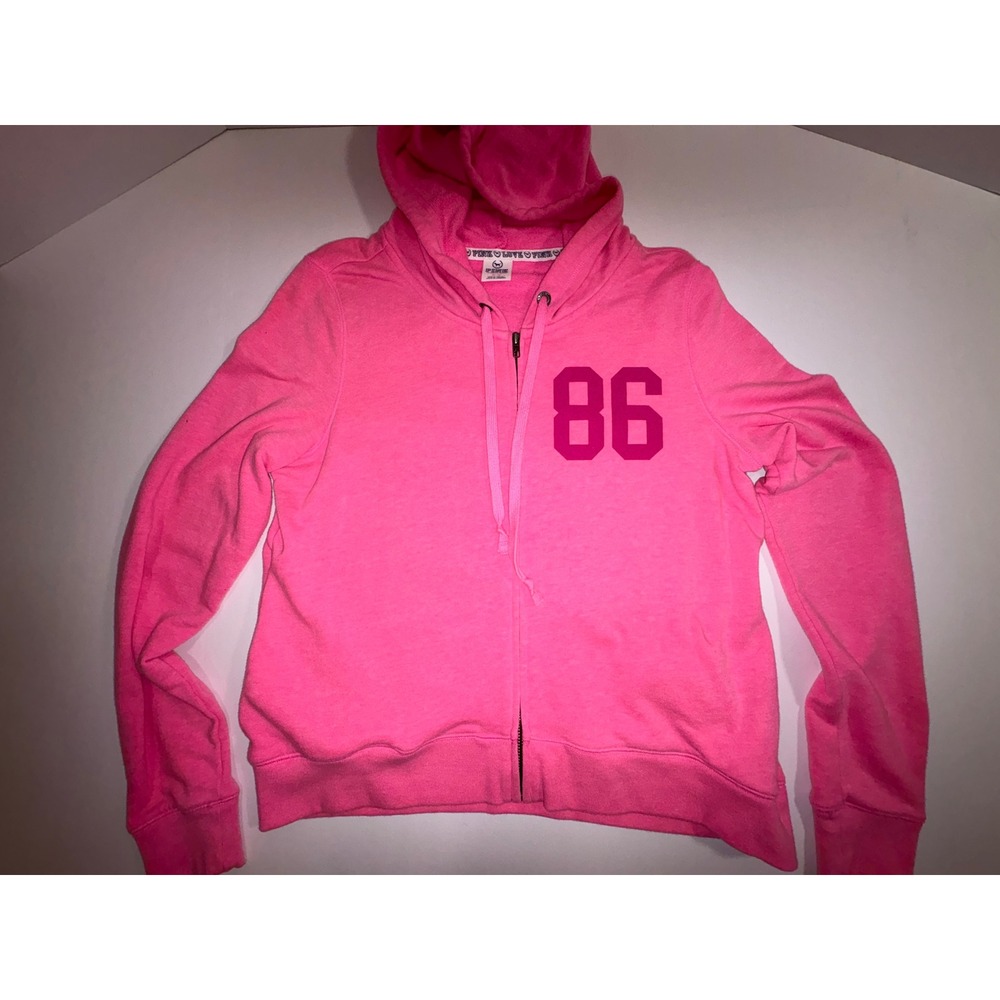 PINK Victoria's Secret Zip Up Hoodie Sweatshirt Hot Pink "86" "PINK" Logo Size M